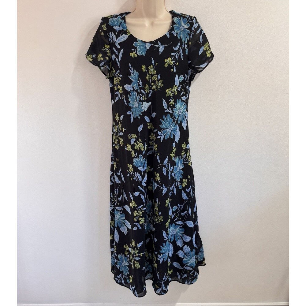Vintage 90s Y2K White Stag Midi Shirt Dress 10 Floral Black Blue Green Chiffon